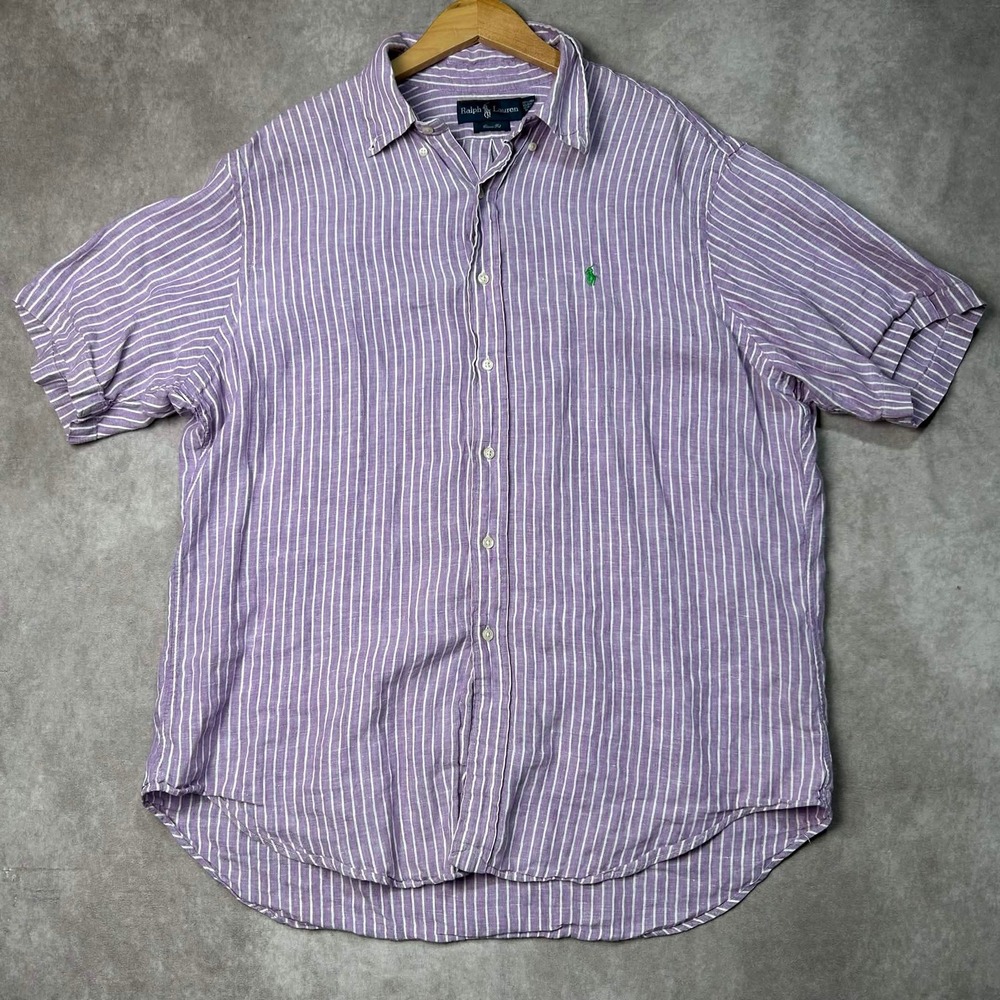 Ralph Lauren Classic Fit Purple White Striped Linen Short Sleeve Shirt XL